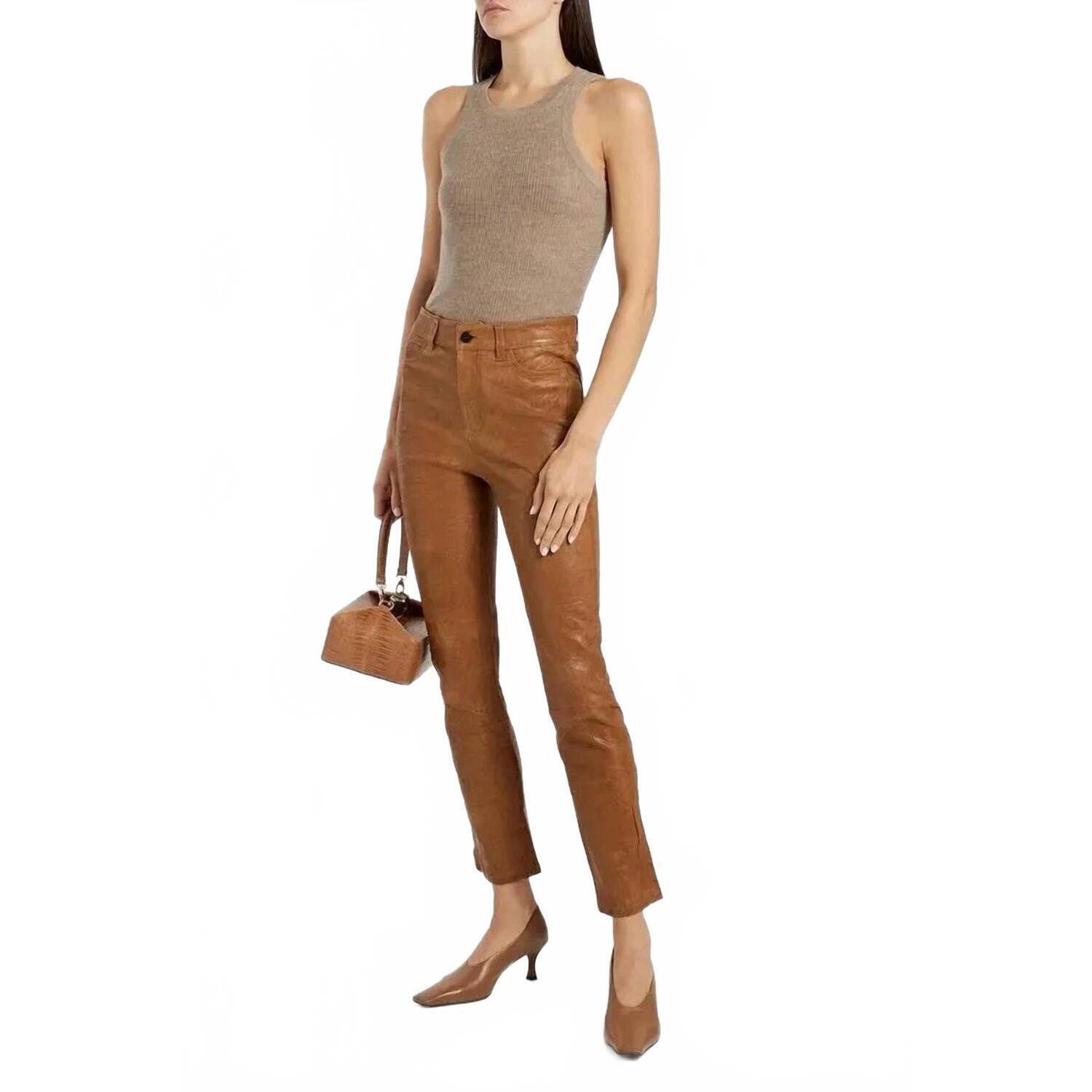New Paige Cindy Leather Slim Leg Pants In Camel